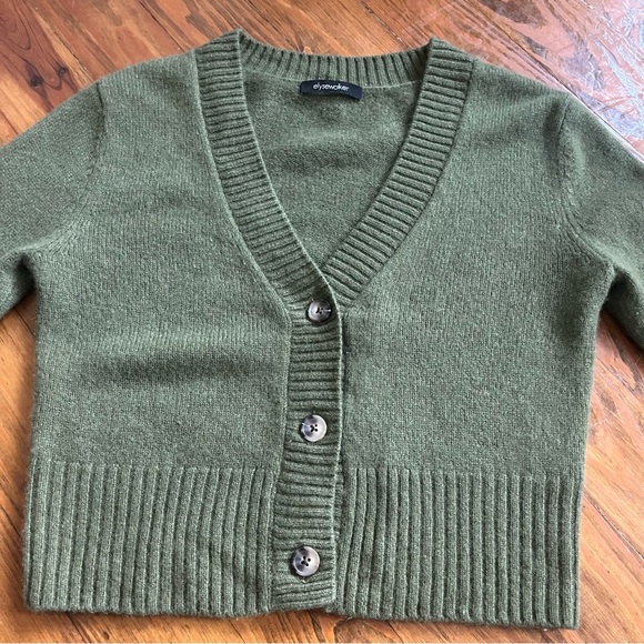 ELYSEWALKER Dove Cropped Cashmere Cardigan Bayleaf Olive‎ Green Luxurious size S - Picture 3 of 16